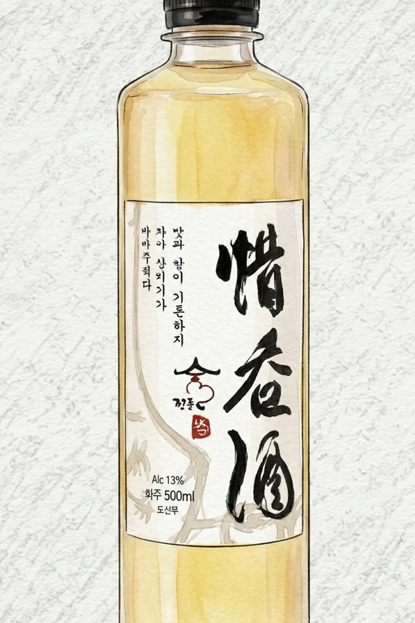 석탄주 약주 - 청주, 전북, 15% ABV, 500ml. 따뜻한 쌀, 밤의 단맛, 효모빵, 미네랄의 맑음