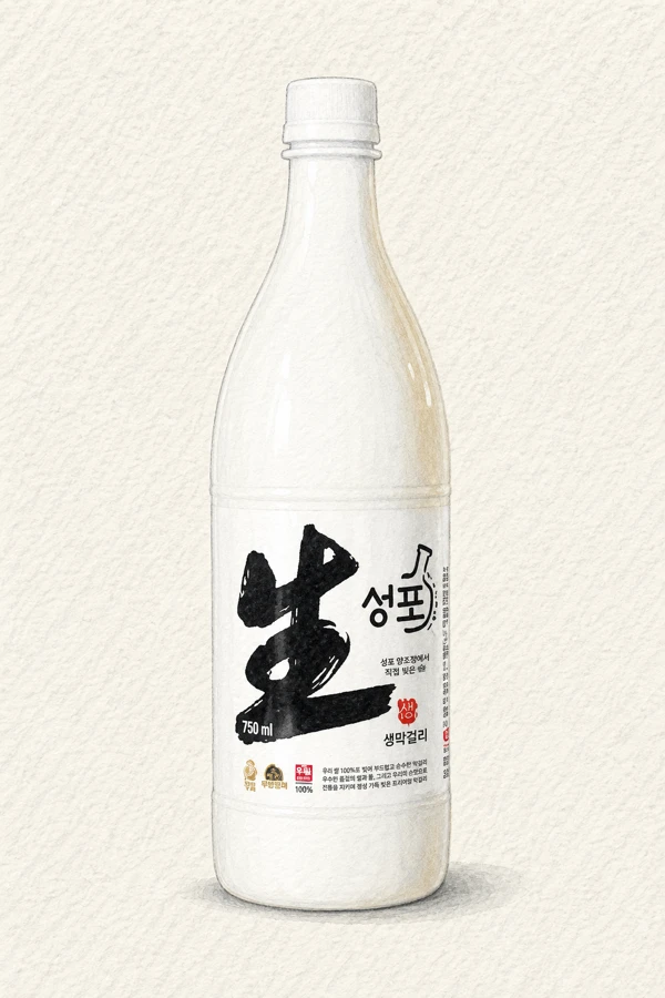 Seongpo Fresh Makgeolli - Korean Makgeolli, Gyeongsangnam, 6% ABV, 750ml. Herbaceous, Green