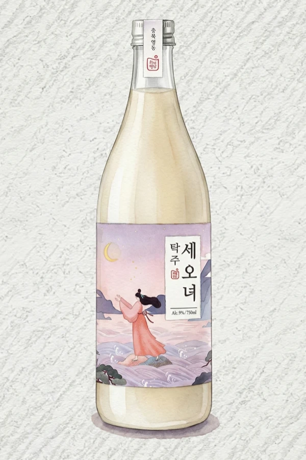 세오녀탁주 - 막걸리, 경북, 6% ABV, 750ml. 우유빛, 유산 풍미