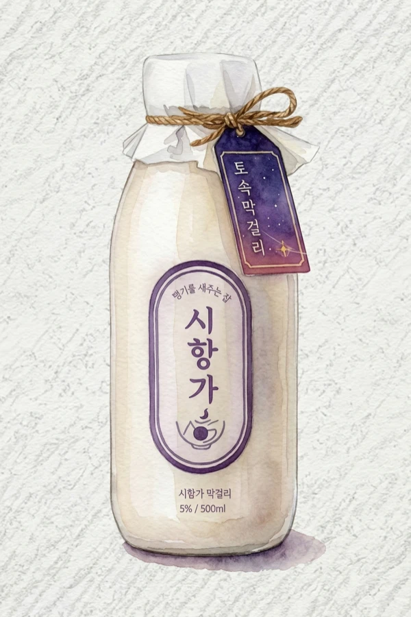 シヒャンガ - マッコリ, 全羅南道（チョンナム）, 8% ABV, 500ml. 蒸し里芋の土っぽさ, 温かい米ぬかとキノコのような繊細さ, ナッツの旨味の底流, 山芋のような澱粉質の複雑さ, 心地よい澱粉の引き締めフィニッシュ