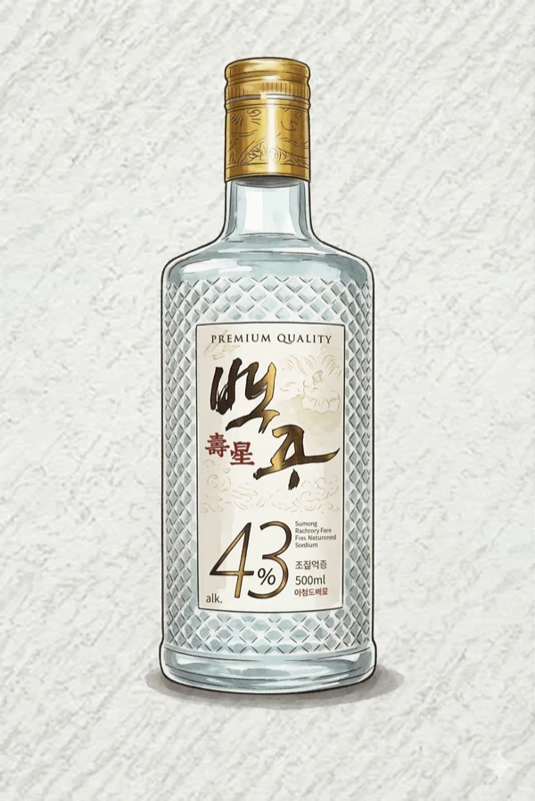 寿城プレミアム白酒43 - 清酒（チョンジュ）, 大邱（テグ）, 43% ABV, 500ml. クリーン, まろやか