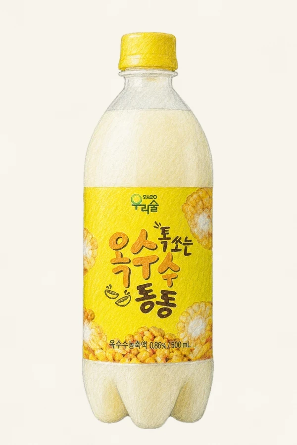 톡쏘는 옥수수동동 - 기타, 경기, 6% ABV, 750ml. 군옥수수 향, 팝콘 버터 힌트, 구운 곡물 중반 풍미, 톡 쏘는 탄산