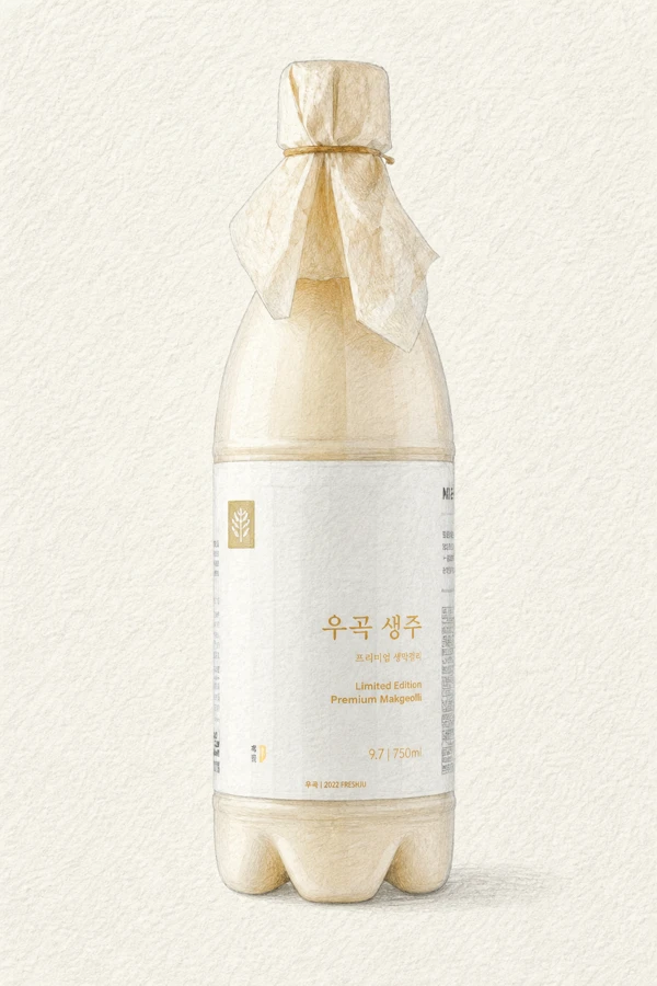 Ugok Fresh Ju - Korean Makgeolli, Gyeonggi, 10% ABV, 750ml. Sweet rice porridge and ripe banana, Lush caramel rice depth, Dense creamy body with live carbonation, Dry lactic bite on finish