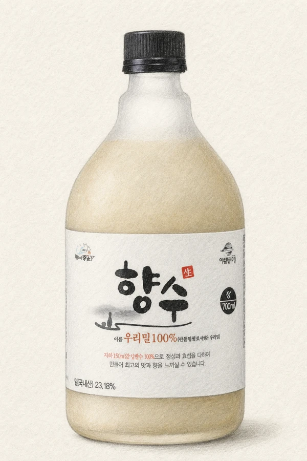 Uri Wheat Makgeolli Hyangsu - Korean Makgeolli, Chungcheongbuk, 9% ABV, 700ml. Korean wheat pastry softness, Vanilla custard warmth, Malt milkshake generous sweetness, Cinnamon-spice nuruk fade