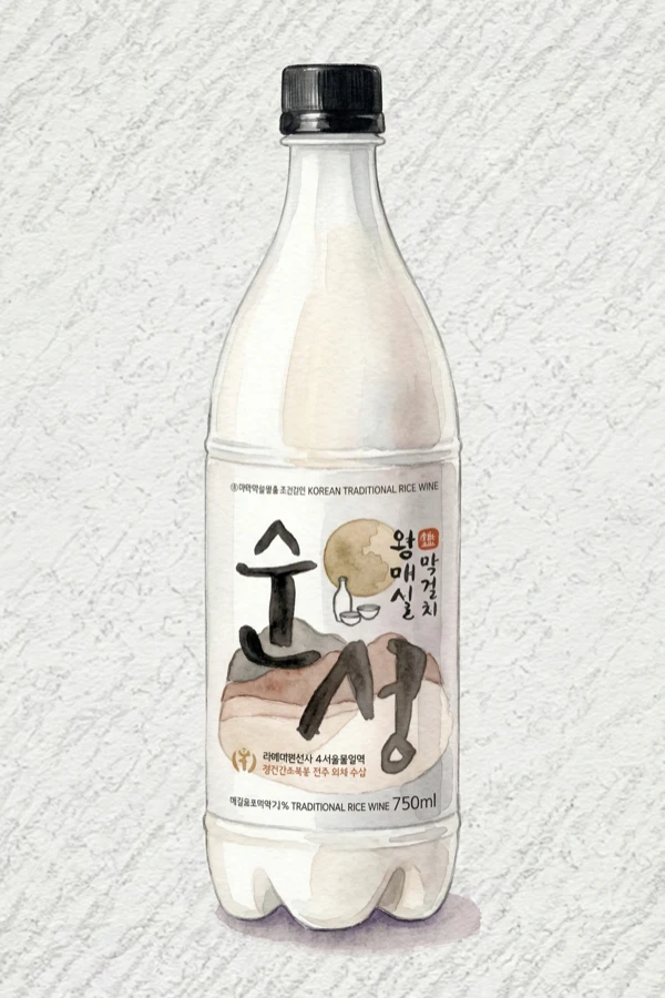 王梅 マッコリ - マッコリ, 忠清南道（チュンナム）, 6% ABV, 750ml. 青梅の酸味, シトラスの清涼感, 甘酸っぱい閃き, クリーンでクリーミーな穀物