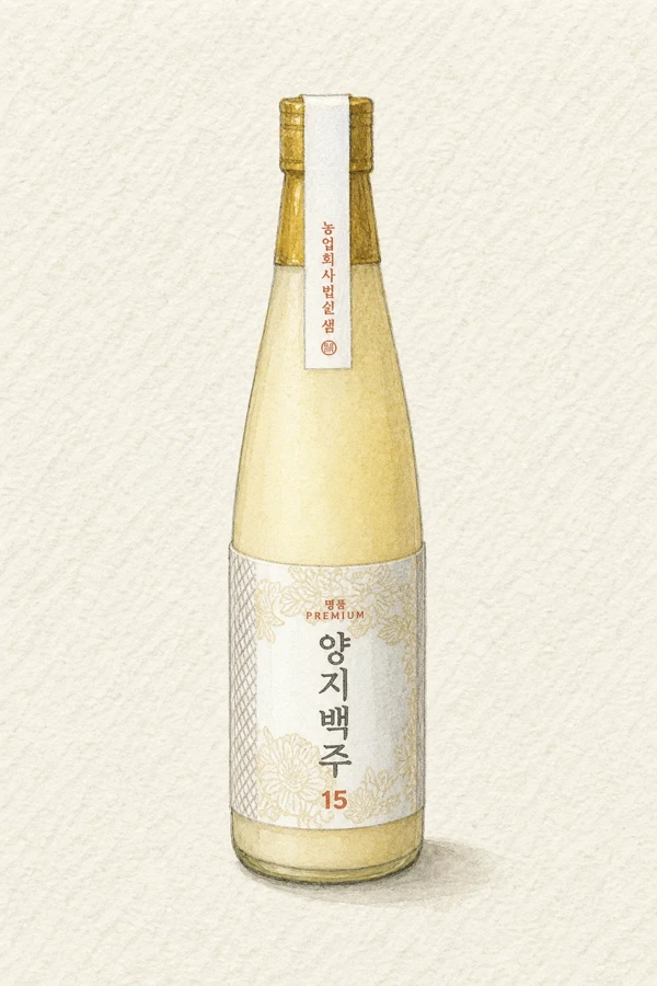 Yangji Baekju - Korean Cheongju, Gangwon, 15% ABV, 500ml. White flower and polished rice aroma, Green apple hint, Silky medium body with mineral thread, Dried-herb complexity, Long clean warming finish