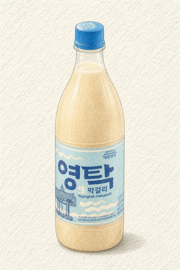 Yeongtak Makgeolli - Korean Makgeolli, Gyeongsangbuk, 6% ABV, 750ml. Milky, Grain-forward